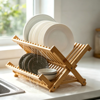Égouttoir à vaisselle pliable en bambou à 2 niveaux, écologique, avec large bec verseur, pour la cuisine domestique