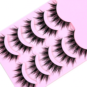 Cinq paires de faux cils en fibre plate bouclée allongée épaisse faits à la main avec une épaisseur de 0,07 mm Bande en <span class=keywords><strong>coton</strong></span> <span class=keywords><strong>plastique</strong></span> réutilisable - Product Image 2