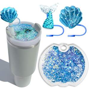 Décorations de paille scintillantes holographiques liquides en forme de sirène et coquillage pour gobelets - Product Image 6