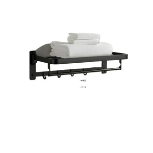 Wall Mounted Black Stainless Steel Towel Rack with <b>Shelf</b> and Hooks 60cm Minimalist Bathroom Organizer Fixed Towel Holder - Product Image 1