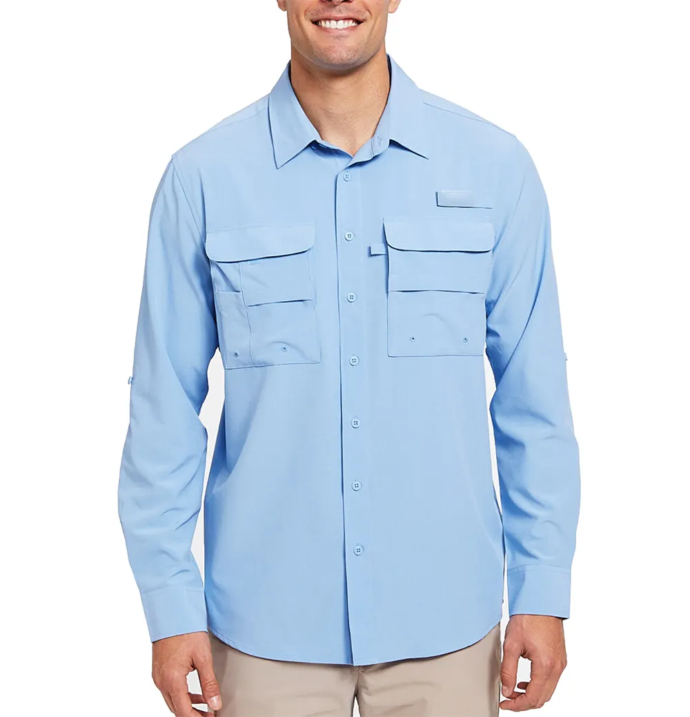 OEM Wholesaler Customized Logo Polyester Rid Stop Lightweight Fishing Travel Shirt Long Sleeve Button Men Fishing Shirts