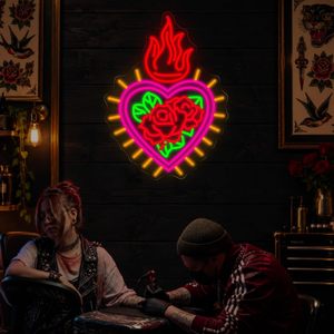 Enseigne néon Cœur Sacré enflammé avec roses pour maison catholique et salon de <span class=keywords><strong>tatouage</strong></span> – Enseignes néon LED personnalisées - Product Image 3
