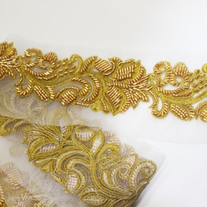 Hot Selling Dubai African Embroidered Bridal Gold Mesh Trim <strong>Lace</strong> <strong>Fabric</strong> Beaded <strong>Lace</strong> Trim for Dress - Product Image 2