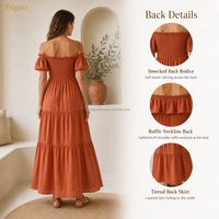 Robe longue smockée rouge brique Yegao pour femme, en lin, à volants étagés, manches bouffantes, taille haute, pour l'été et la plage, commande personnalisée OEM ODM