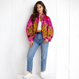 Veste Femme en Velours Rose Brodée Main Motif Tigre, Style Bohème Unique et Artistique, Motif Floral Suzani, Manteau Bohème Tendance pour Femme - Product Image 1