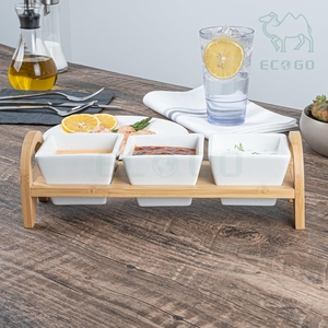 ถาดเสิร์ฟอาหารขนาดเล็กสำหรับร้านอาหาร 3 ช่อง พร้อมถ้วยเซรามิกสำหรับน้ำจิ้มซูชิและขาตั้งไม้ไผ่ - Product Image 5