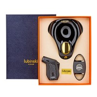 Ensemble de cigares portable LUBINSKI, briquet à flamme jet, coupe-cigares en métal, cendrier en céramique, ensemble de trois pièces pour les voyages