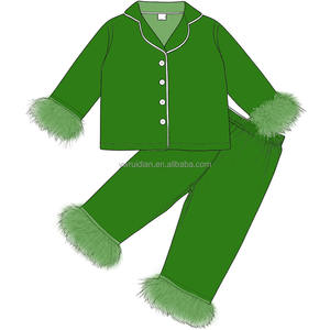 بيجامات بنات، ملابس نوم للأطفال الصغار بياقة، بيجامة أطفال بلون سادة للبيع بالجملة، طقم بيجامة من قطعتين للفتيات مع حواف من الريش - Product Image 5