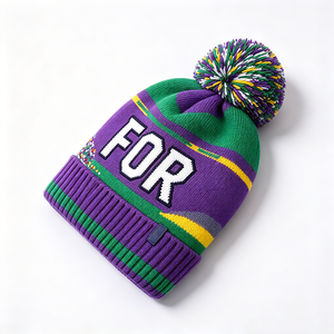Colorful Striped <b>Pom</b> <b>Pom</b> <b>Beanie</b> Custom Jacquard Knit Acrylic Cuffed Winter Hat Embroidery Logo Unisex Adult Outdoor Wear - Product Image 3