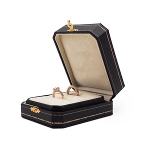 Black leatherette paper luxury jewelry double ring gift box wedding ring packaging octagonal jewelry boxes