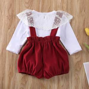 2020 New Spring Girls Outfit Long Sleeve <strong>Lace</strong> Tops + Red Straps <strong>Shorts</strong> 2pcs <strong>Kids</strong> Clothing Set - Product Image 3