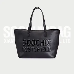 High Quality OEM Custom Embossed Logo Leather Black Tote Bags For Women Purses