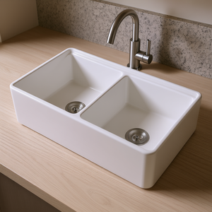 Évier de cuisine encastré double vasque style ferme 33x20 po en porcelaine blanche facile à nettoyer - Product Image 2