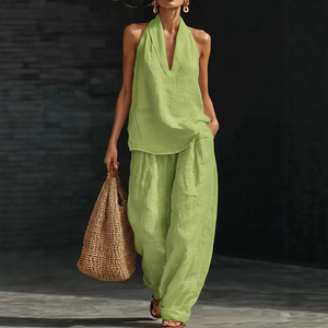 Women's Casual <b>Linen</b> Suit <b>Set</b> V-Neck Top Wide Leg Pants Solid Color SMLXLXXL3XL4XL5XL Europe America Style - Product Image 4