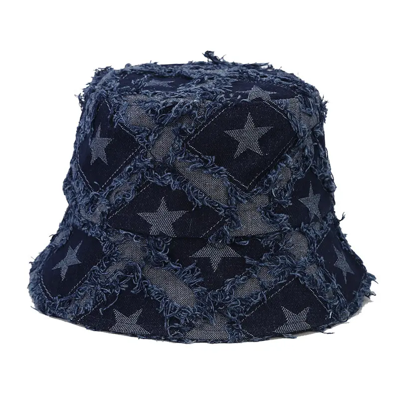2024 di vendita calda cappello regolabile con bordo grezzo con nappine personalizzato soffice cappello a secchiello Unisex in tessuto Denim