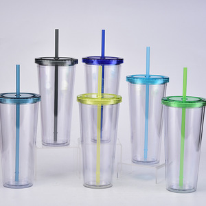 16 oz Reusable Acrylic Cup Double Wall Insulated Plastic Tumbler Clear Insulated Tumblers with Colored Lids and Reusable Straws
