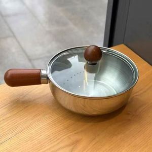 Modern Stainless Steel <b>Small</b> <b>Pot</b> with Wooden Handle Non-Stick Coating Sustainable Design for Noodle Snack Baby Food Milk Cooking - Product Image 3