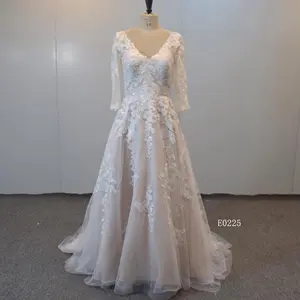 Plus Size Elegant V Neck Fantasy Church Wedding Dress Two Thirds Sleeve Length Bridal Gown