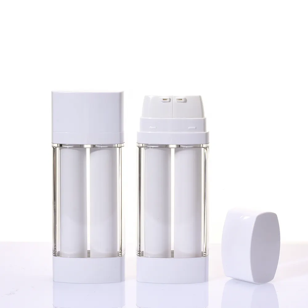Bottiglia pompa Airless a doppio tubo vuota personalizzata in plastica cosmetica nuovo Design quadrato a doppia camera 2in 1 bottiglia airless