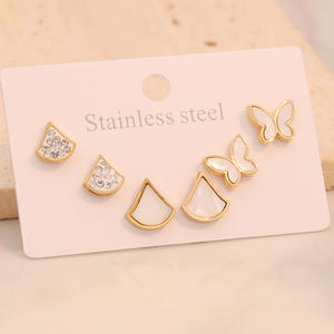 مجموعة من 3 أزواج من الأقراط الدائرية الهندسية للنساء، مصنوعة من الفولاذ المقاوم للصدأ مع كريستال وحجر الراين، إكسسوارات أنيقة بالجملة - Product Image 6