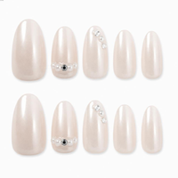 Faux ongles à presser style ballerine, blanc laiteux nacré, avec strass, brillants et réutilisables pour femmes