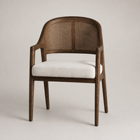 Fauteuil de salle à manger moderne du milieu du siècle, dossier en rotin, structure en bois foncé, assise rembourrée crème, pour hôtel, restaurant, villa