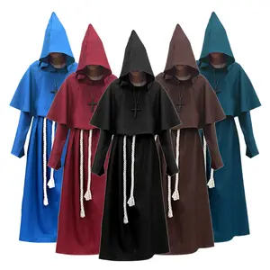 Halloween Costume Medieval Monk Robe Monk Outfit Wizard Priest Cosplay Costume Hooded Shawl Robe