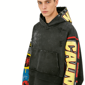 Sudaderas con Capucha para Hombre, Estilo Urbano, Diseño de Grafiti de Manga Larga, Aspecto Vintage Lavado |   Pedidos al por Mayor de Fabricantes Globales de Ropa - Product Image 3