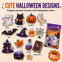 Autocollants holographiques personnalisés pour Halloween, découpés, imperméables, motifs fantômes mignons, chats noirs, citrouilles Jack O' Lantern, sorcières, pour ordinateur portable, bouteille d'eau, fête