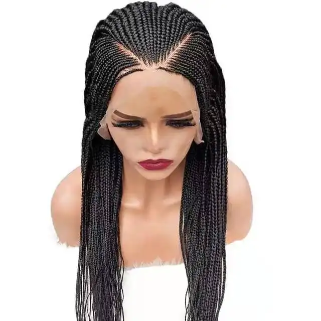 78CM Long Braid Wig Black Three Strand Braid Synthetic Wigs Wholesale Glueless African Braided HD Lace Front Laces Wigs Vendors