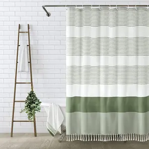 Hign kalite Boho adaçayı yeşil şerit püskül 72X72 inç lüks polyester duş perde seti banyo ev için