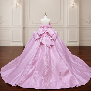Vestido de Quinceañera Lsmc139, Exquisito Vestido de Gala Rosa, Satinado, con Hombros Descubiertos, Flores y Apliques de Cuentas, Jancember - Product Image 2