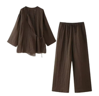 Setelan 2 Potong Baju Kimono Kasual Musim Panas Berbahan Linen, Atasan Longgar Berenda dan Celana Kaki Lebar untuk Wanita, Pakaian Santai yang Bernapas