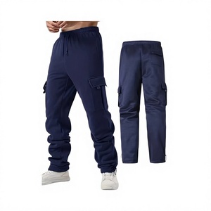 Pantalon de survêtement cargo bleu marine pour homme, taille élastique avec cordon de serrage, plusieurs poches, coupe décontractée ample, tricoté mi-lourd, idéal pour l'automne - Product Image 1