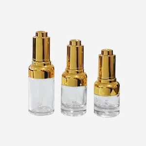 Luxury 20ml 30ml 50ml Round Shape Oils Serum Glass Dropper Bottle with Gold Cap Press on Pump