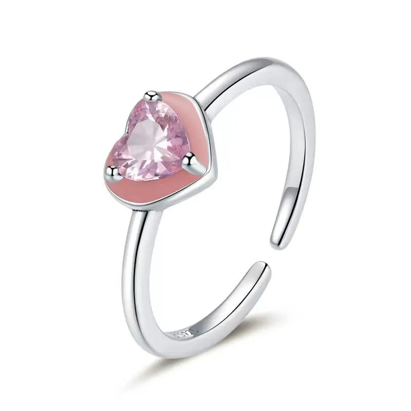 Anel de prata esterlina s925, amor rosa de zircônia simples anel ajustável aberto