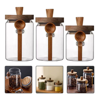 Bocaux cylindriques en verre borosilicate avec couvercles en bois, poignées et cuillères – Contenants hermétiques pour sel et sucre de cuisine
