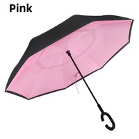 Parapluie Inversé Créatif à Long Manche et Motifs, Mains Libres en Forme de C pour Voiture, Double Couche, Vente en Gros, Personnalisable pour Publicité