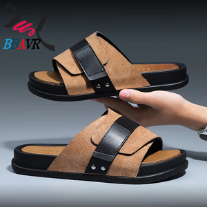 Nuevas Pantuflas de Cuero Genuino para Hombre, Estilo Ejecutivo, con Cierre de Velcro, Antideslizantes para Invierno, Comercio Exterior Transfronterizo - Product Image 2