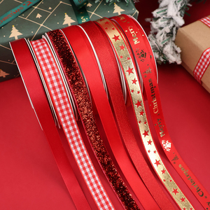 Set Pita Poliester Cetak Motif Kotak-Kotak Natal Berkualitas Tinggi 1cm untuk Pembungkus Kado, Dekorasi DIY untuk Pita Hijau/Merah - Product Image 4
