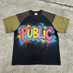 Street Styles Raglan Sleeve Hand-Painted Print Men's Short Sleeve T-<b>Shirt</b> Custom <b>Patchwork</b> O-Neck Stone Wash Color Blocking Tee - Product Image 1