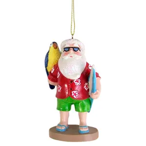 Christmas Santa with Parrot and Surfboard Ornament