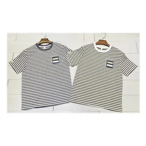 Vintage Striped Cotton TShirt with Embroidery Square Patch High Quality Crew Neck Tee for Men