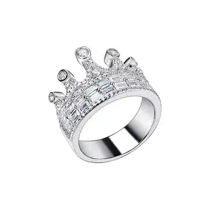 Customized Hot Sale Baguette Cubic Zirconia Durable Platinum 925 Sterling Silver Iced Out Cz Crown Shaped Rings