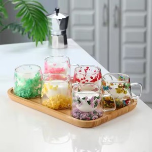 Tazza di <span class=keywords><strong>vetro</strong></span> di caffè in ceramica a doppia parete originalità con manico a fiori secchi - Product Image 2