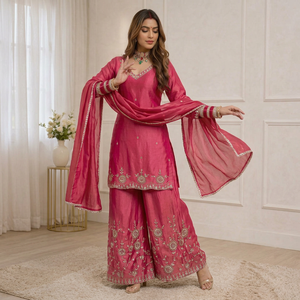 Red Embroidered Casual Salwar Kameez Set V Neck Long Coat Wide Leg Pants <b>Shawl</b> for <b>Wedding</b> Party Graduation Diwali Wear - Product Image 1