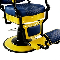 Fauteuil de barbier hydraulique vintage bleu et jaune, 360° °   Fauteuil de salon pivotant et inclinable en cuir PU matelassé pour hommes, pour la coupe de cheveux