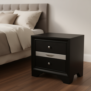 Table de chevet de style traditionnel à 2 tiroirs, construction en bois noir, meubles de chambre à coucher - Product Image 2