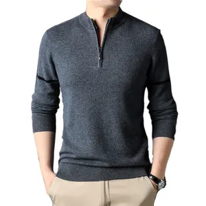 Suéter de lana 100% para hombre, Jersey masculino de marca personalizada, a la moda, cálido, con cuello levantado y cremallera de cuarto, OEM