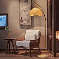 Lámpara de Pie Decorativa de Esquina para Hotel Wabi Sabi, Pantalla de Tela Tejida en Arco, Base de Mármol, Diseño Simulado de Bambú